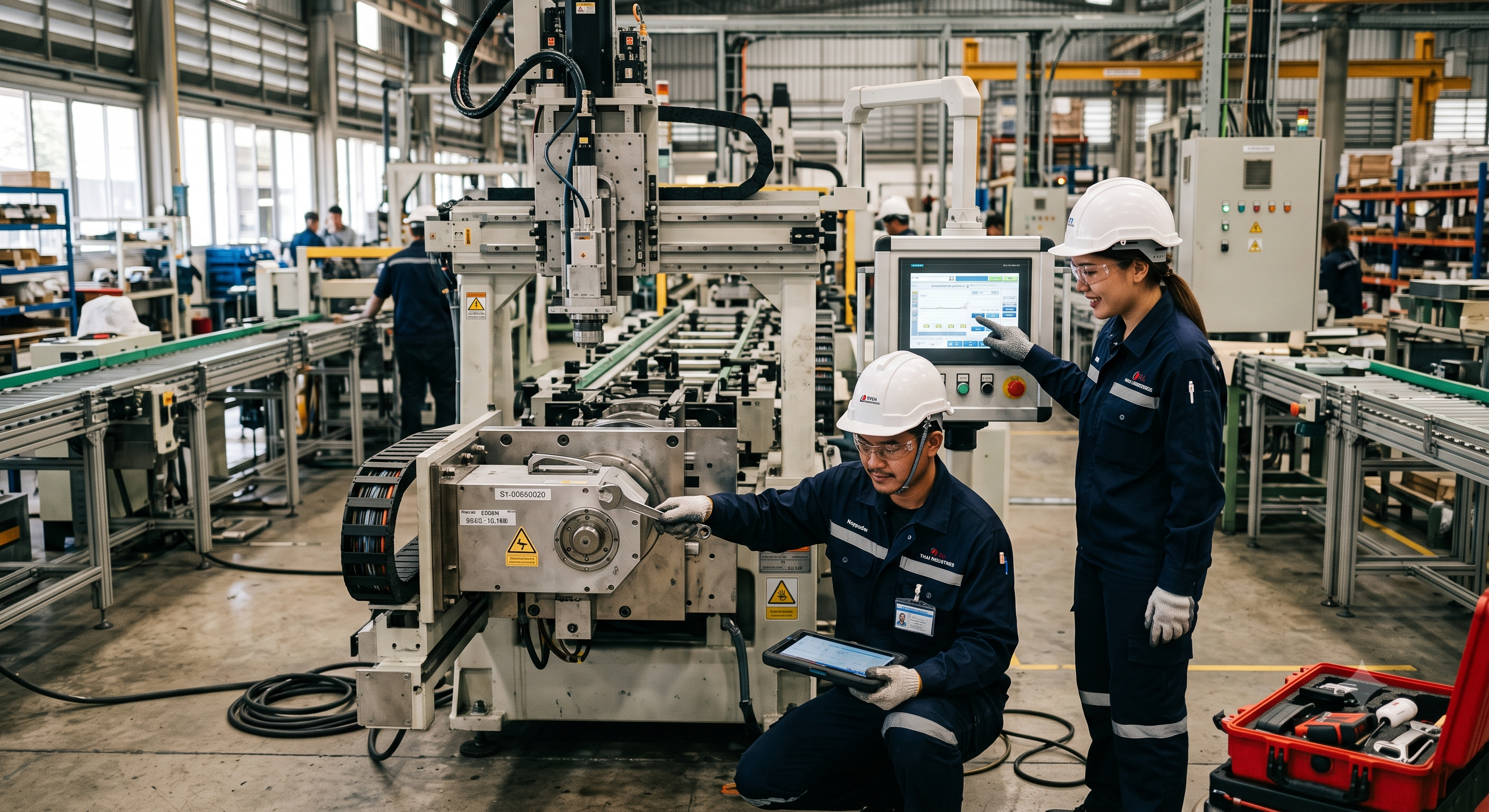 Technicians working at a CNC machine on a factory floor